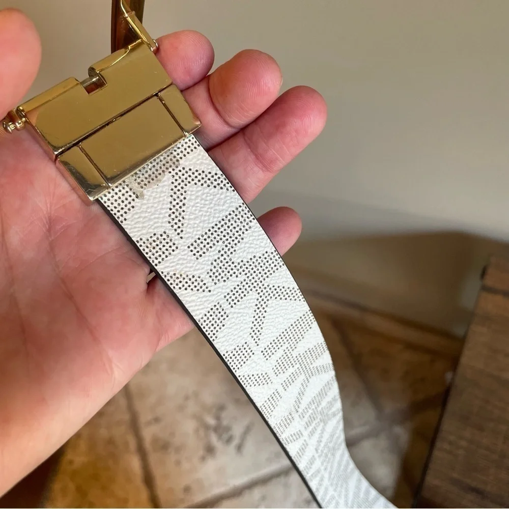 Michael Kors White and Brown Gold Logo Belt Reversible
